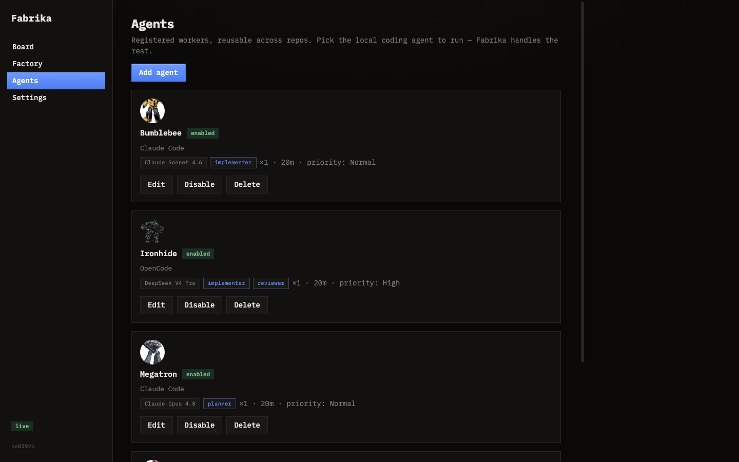 Agents tab showing configured agents